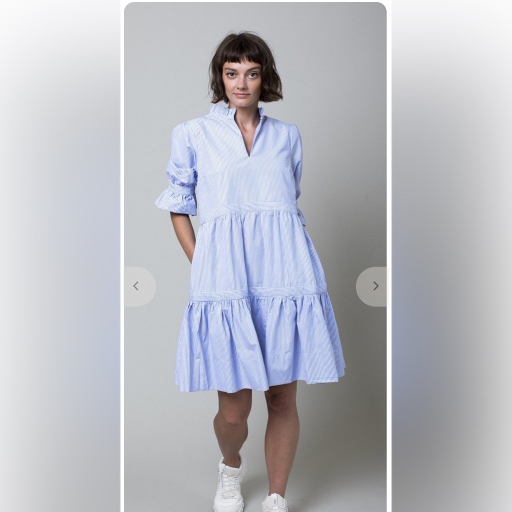 Gretchen Scott  Stripe Ruffle Dress in periwinkle- worn‎ about 3x. Retail 168